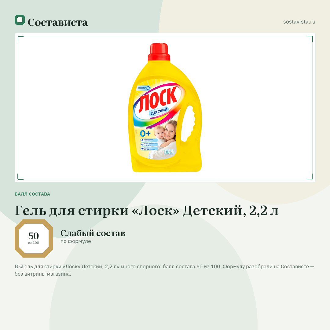 Гель для стирки «Лоск» Детский, 2,2 л: балл состава 50 из 100 — Состависта
