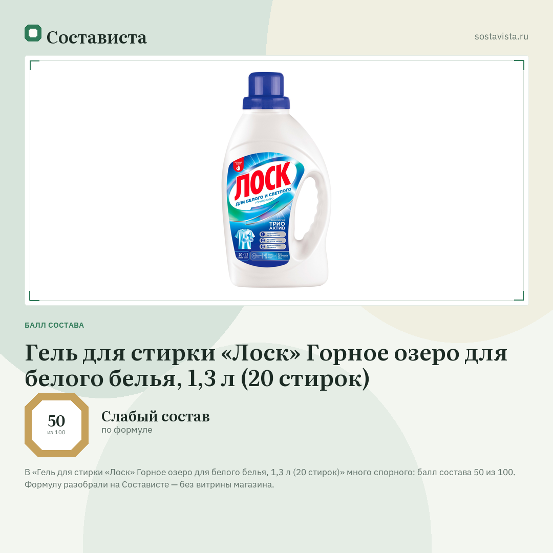Гель для стирки «Лоск» Горное озеро для белого белья, 1,3 л (20 стирок): балл состава 50 из 100 — Состависта