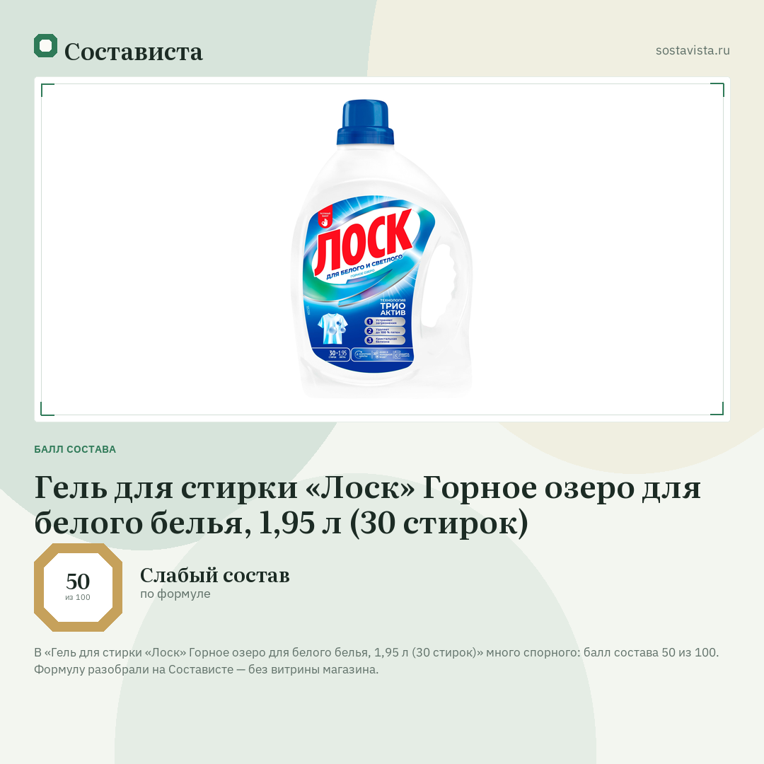 Гель для стирки «Лоск» Горное озеро для белого белья, 1,95 л (30 стирок): балл состава 50 из 100 — Состависта