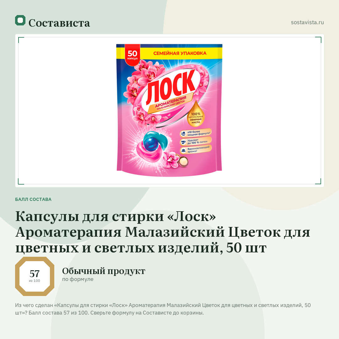 Капсулы для стирки «Лоск» Ароматерапия Малазийский Цветок для цветных и светлых изделий, 50 шт: балл состава 57 из 100 — Состависта