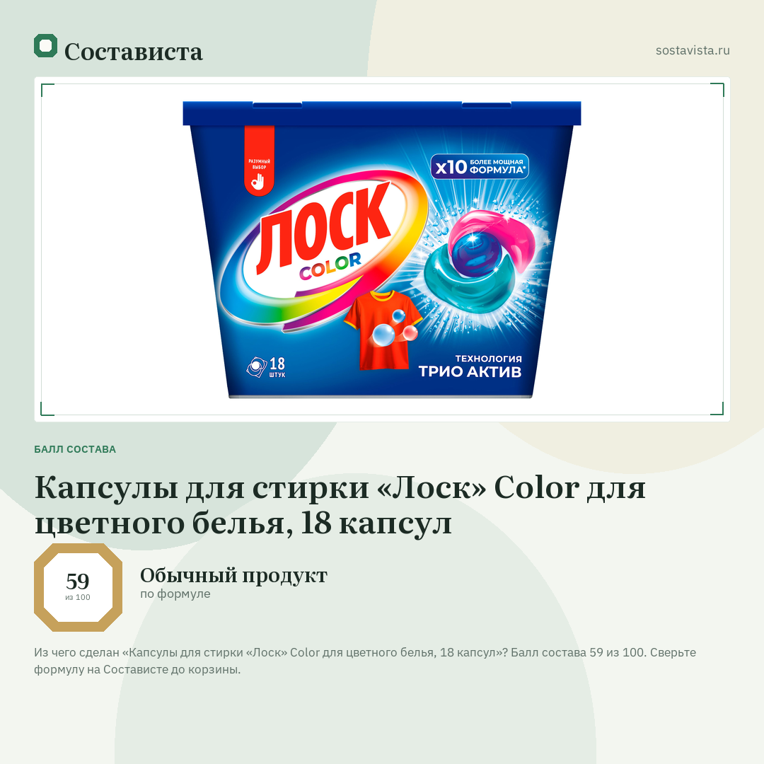 Капсулы для стирки «Лоск» Color для цветного белья, 18 капсул: балл состава 59 из 100 — Состависта