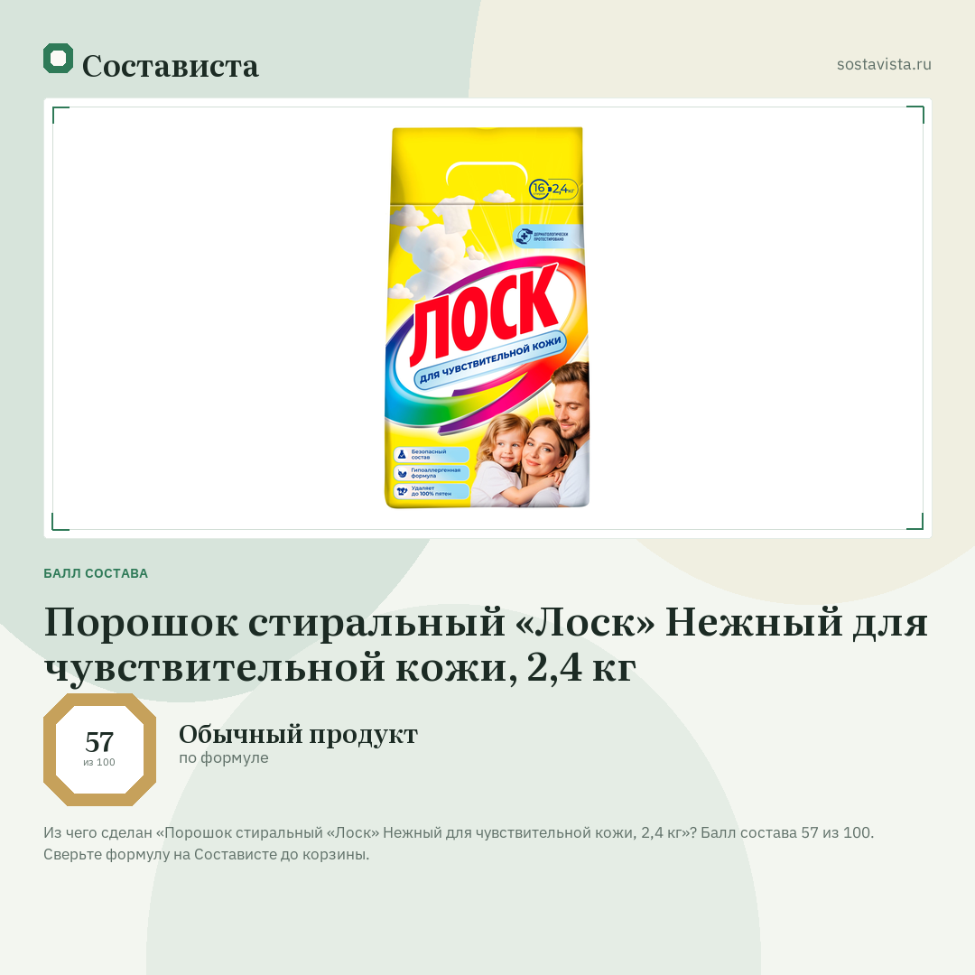Порошок стиральный «Лоск» Нежный для чувствительной кожи, 2,4 кг: балл состава 57 из 100 — Состависта