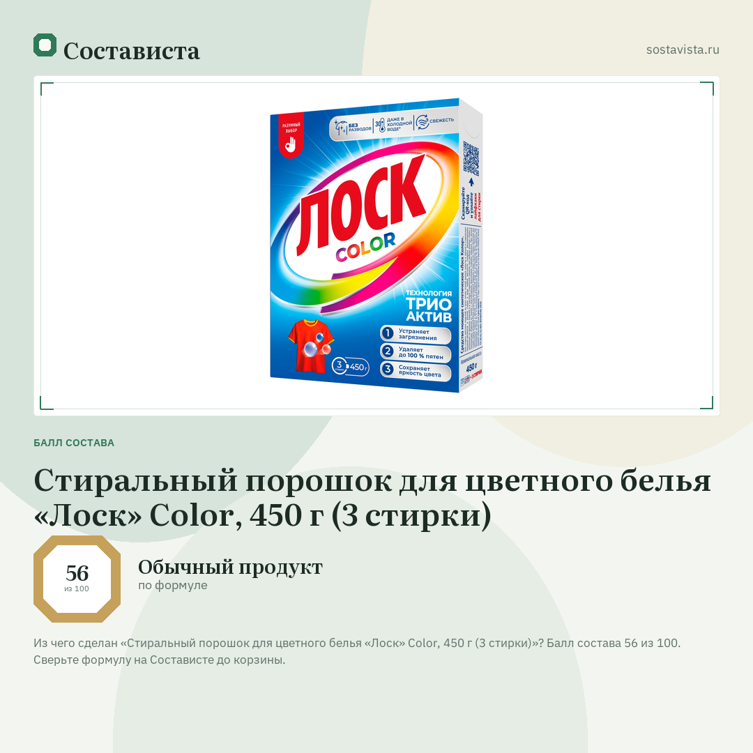 Стиральный порошок для цветного белья «Лоск» Color, 450 г (3 стирки): балл состава 56 из 100 — Состависта