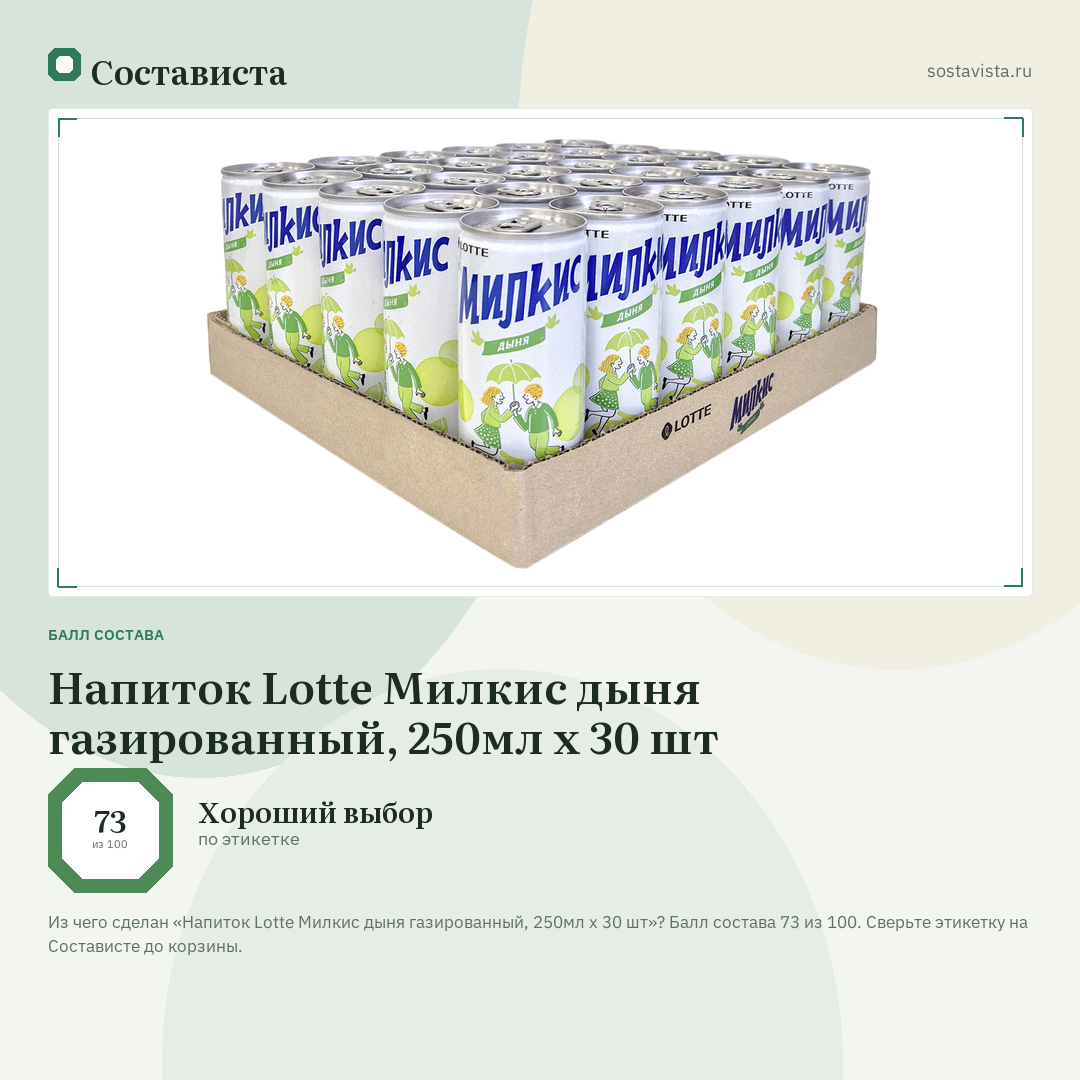 Напиток Lotte Милкис дыня газированный, 250мл x 30 шт: балл состава 73 из 100 — Состависта