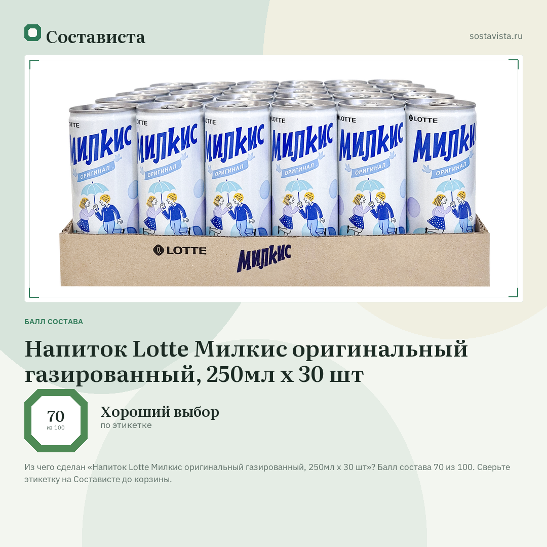 Напиток Lotte Милкис оригинальный газированный, 250мл x 30 шт: балл состава 70 из 100 — Состависта