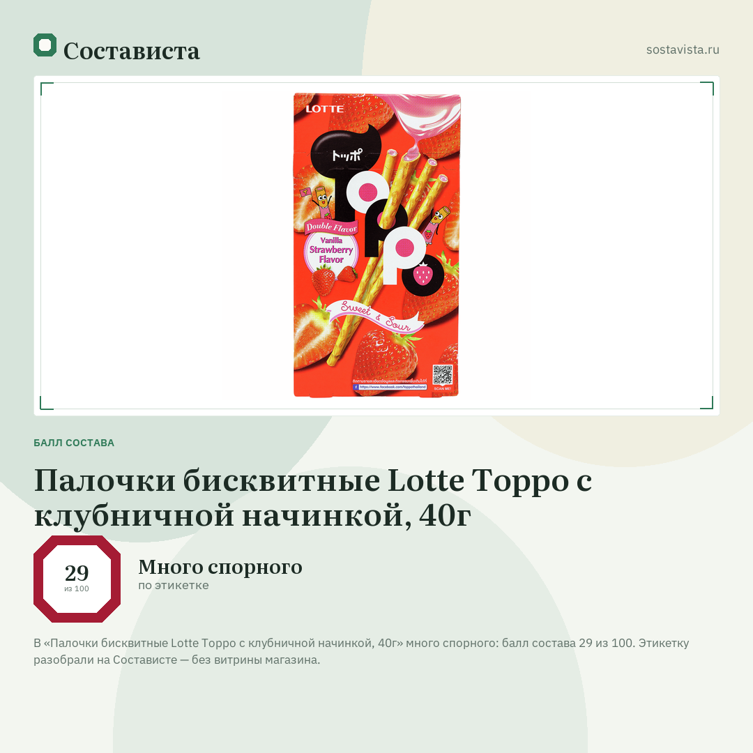 Палочки бисквитные Lotte Toppo с клубничной начинкой, 40г: балл состава 29 из 100 — Состависта