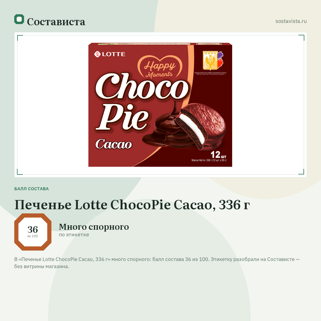 Печенье Lotte ChocoPie Cacao, 336 г: балл состава 36 из 100 — Состависта