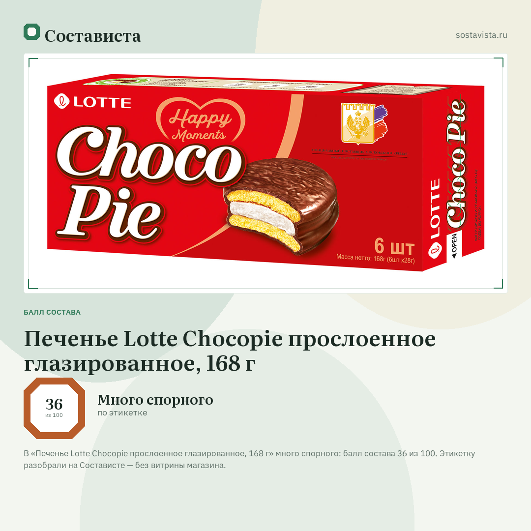 Печенье Lotte Chocopie прослоенное глазированное, 168 г: балл состава 36 из 100 — Состависта