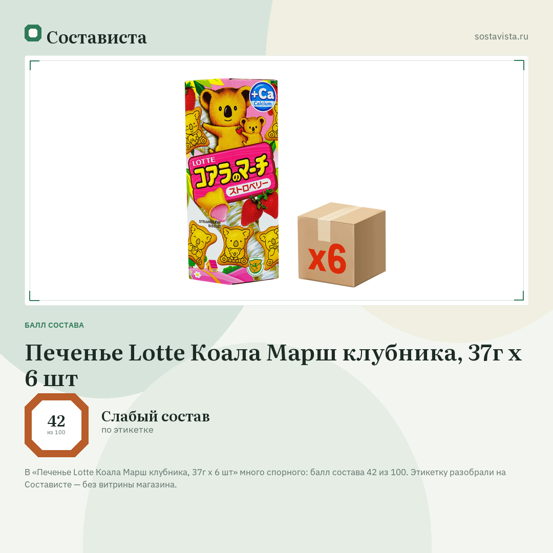 Печенье Lotte Коала Марш клубника, 37г x 6 шт: балл состава 42 из 100 — Состависта