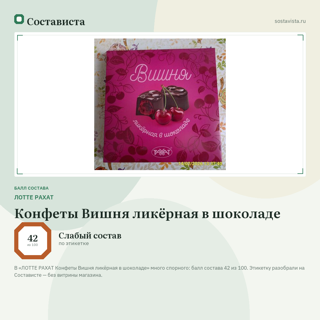 ЛОТТЕ РАХАТ Конфеты Вишня ликёрная в шоколаде: балл состава 42 из 100 — Состависта