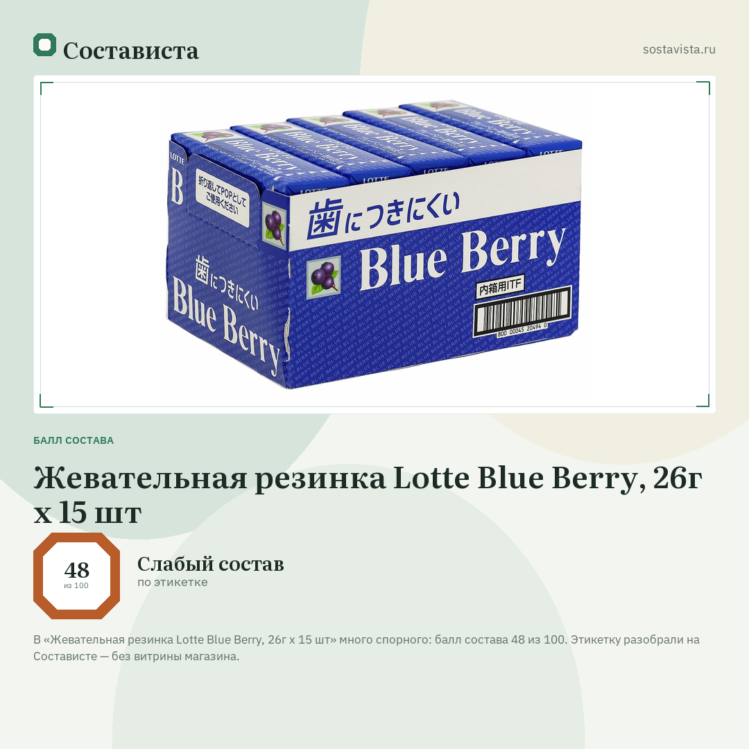 Жевательная резинка Lotte Blue Berry, 26г x 15 шт: балл состава 48 из 100 — Состависта