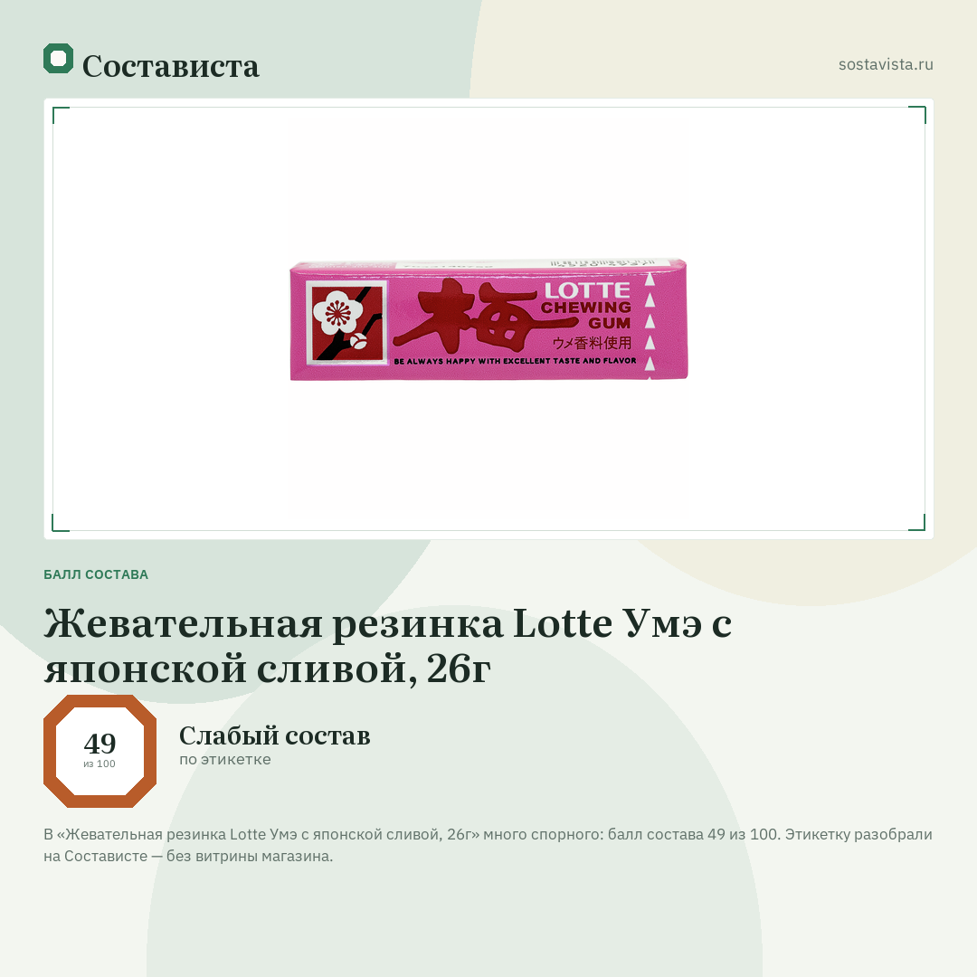 Жевательная резинка Lotte Умэ с японской сливой, 26г: балл состава 49 из 100 — Состависта