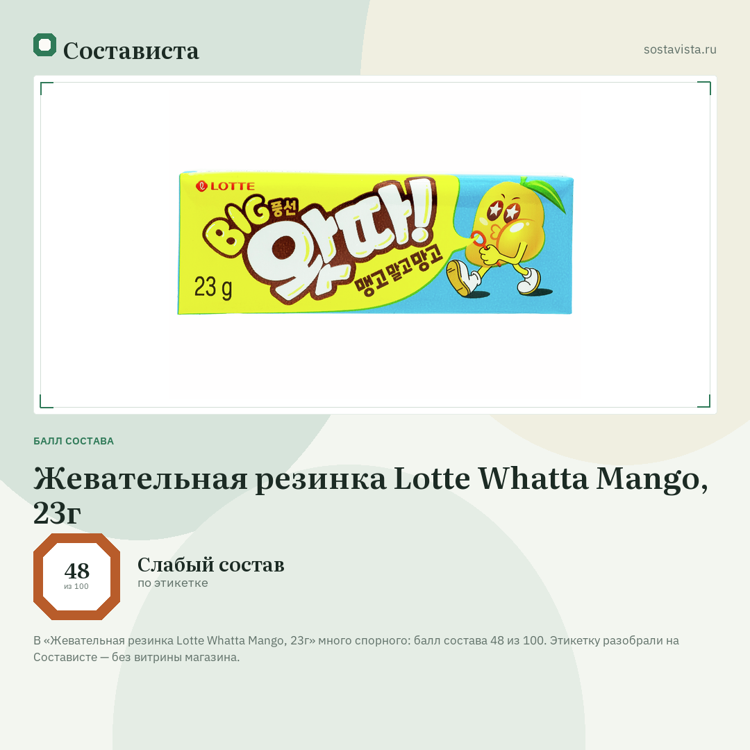 Жевательная резинка Lotte Whatta Mango, 23г: балл состава 48 из 100 — Состависта