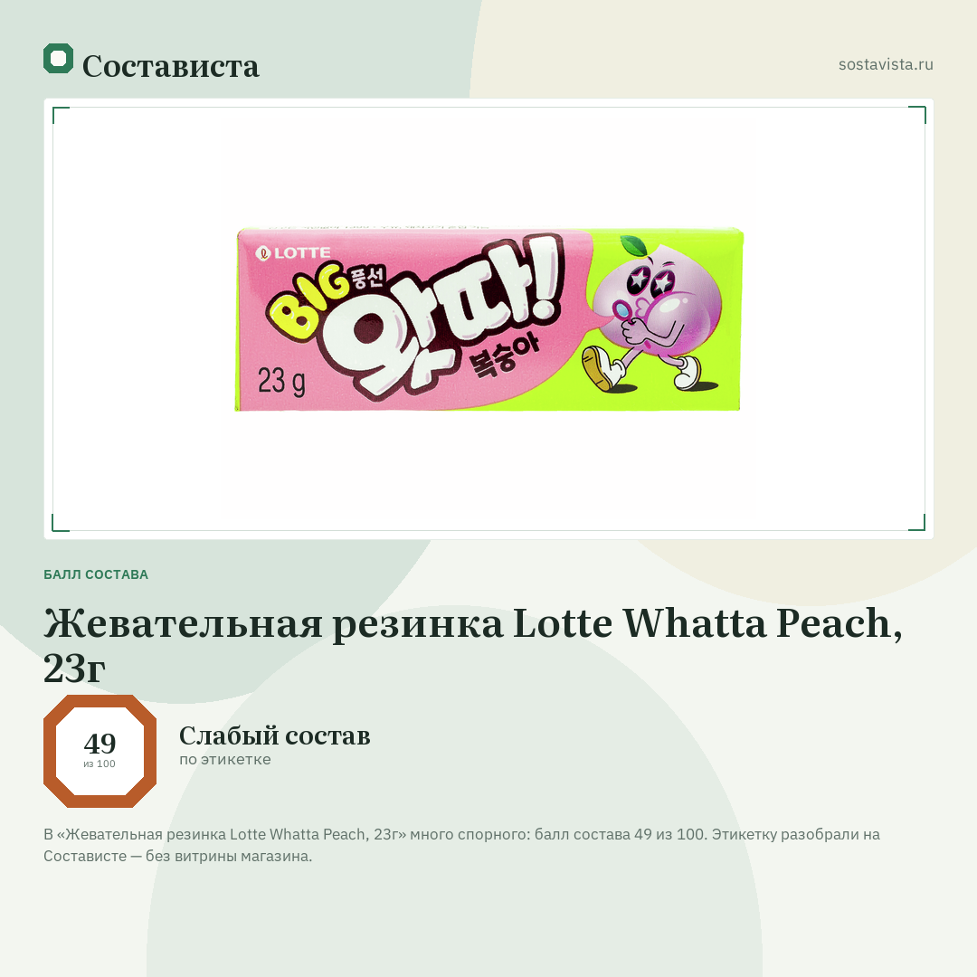 Жевательная резинка Lotte Whatta Peach, 23г: балл состава 49 из 100 — Состависта