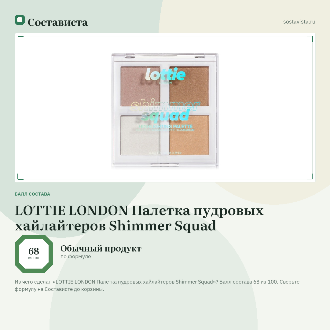 LOTTIE LONDON Палетка пудровых хайлайтеров Shimmer Squad: балл состава 68 из 100 — Состависта