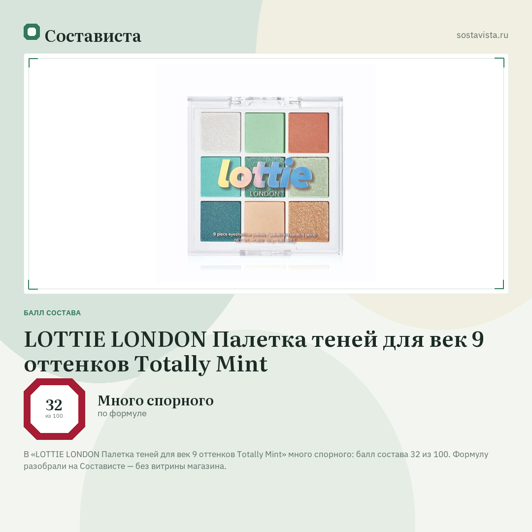 LOTTIE LONDON Палетка теней для век 9 оттенков Totally Mint: балл состава 32 из 100 — Состависта