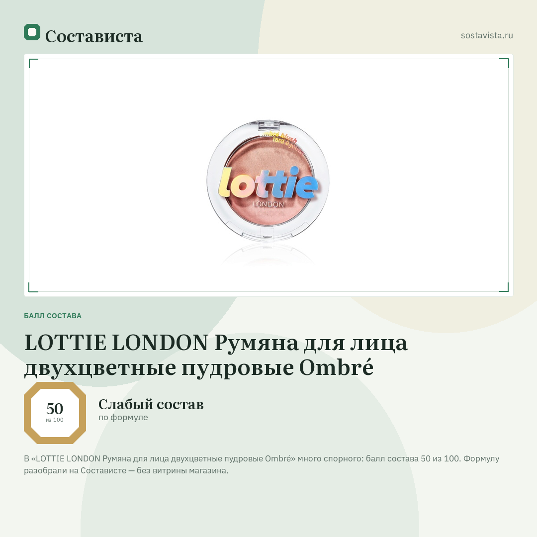 LOTTIE LONDON Румяна для лица двухцветные пудровые Ombré: балл состава 50 из 100 — Состависта