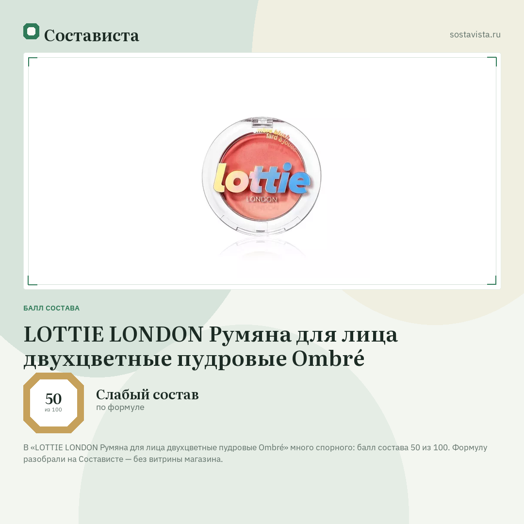 LOTTIE LONDON Румяна для лица двухцветные пудровые Ombré: балл состава 50 из 100 — Состависта