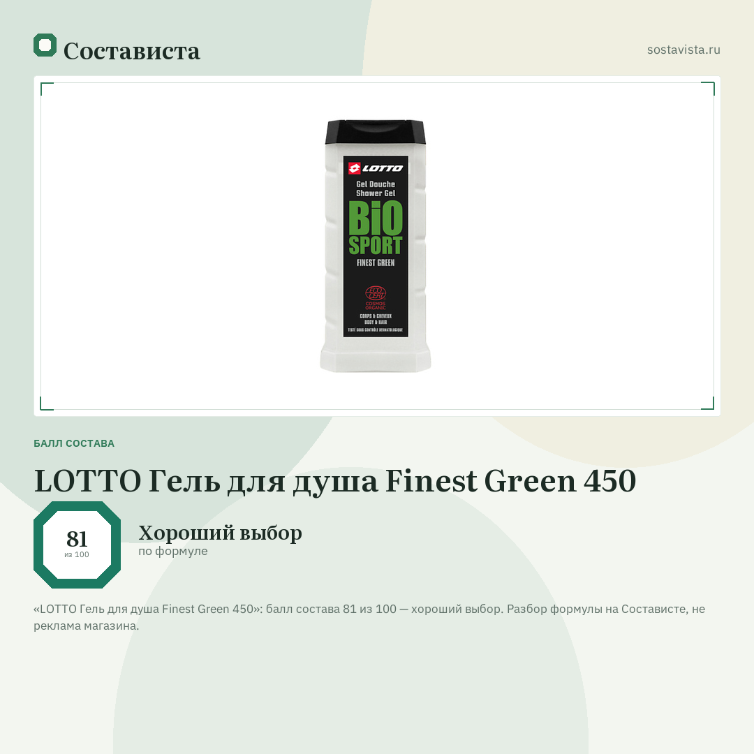 LOTTO Гель для душа Finest Green 450: балл состава 81 из 100 — Состависта