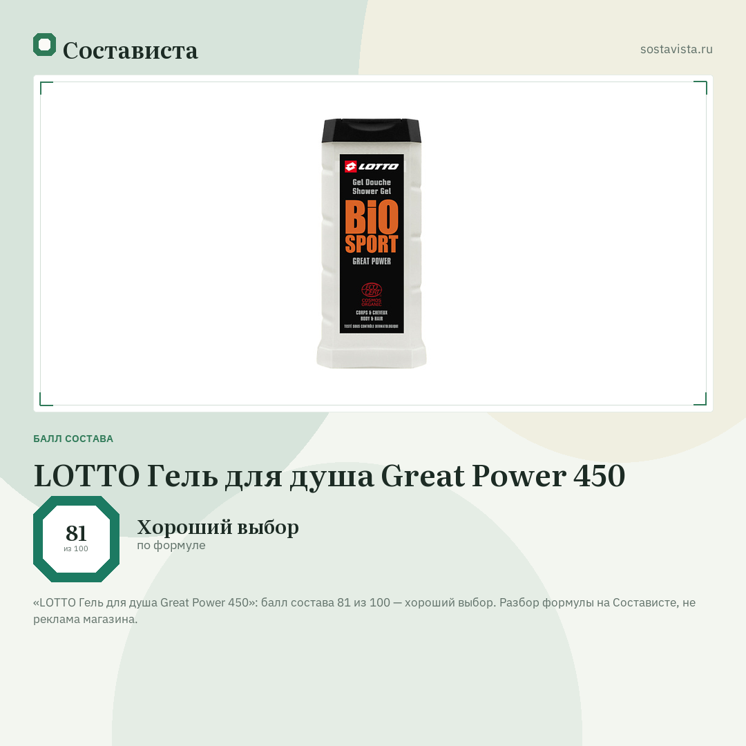 LOTTO Гель для душа Great Power 450: балл состава 81 из 100 — Состависта
