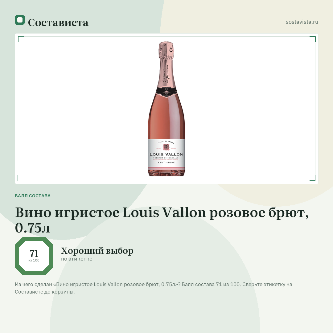 Вино игристое Louis Vallon розовое брют, 0.75л: балл состава 71 из 100 — Состависта