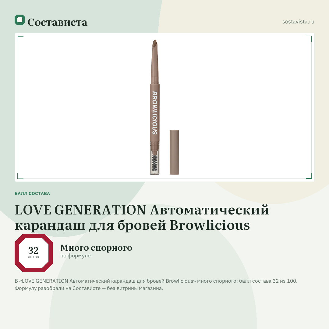 LOVE GENERATION Автоматический карандаш для бровей Browlicious: балл состава 32 из 100 — Состависта