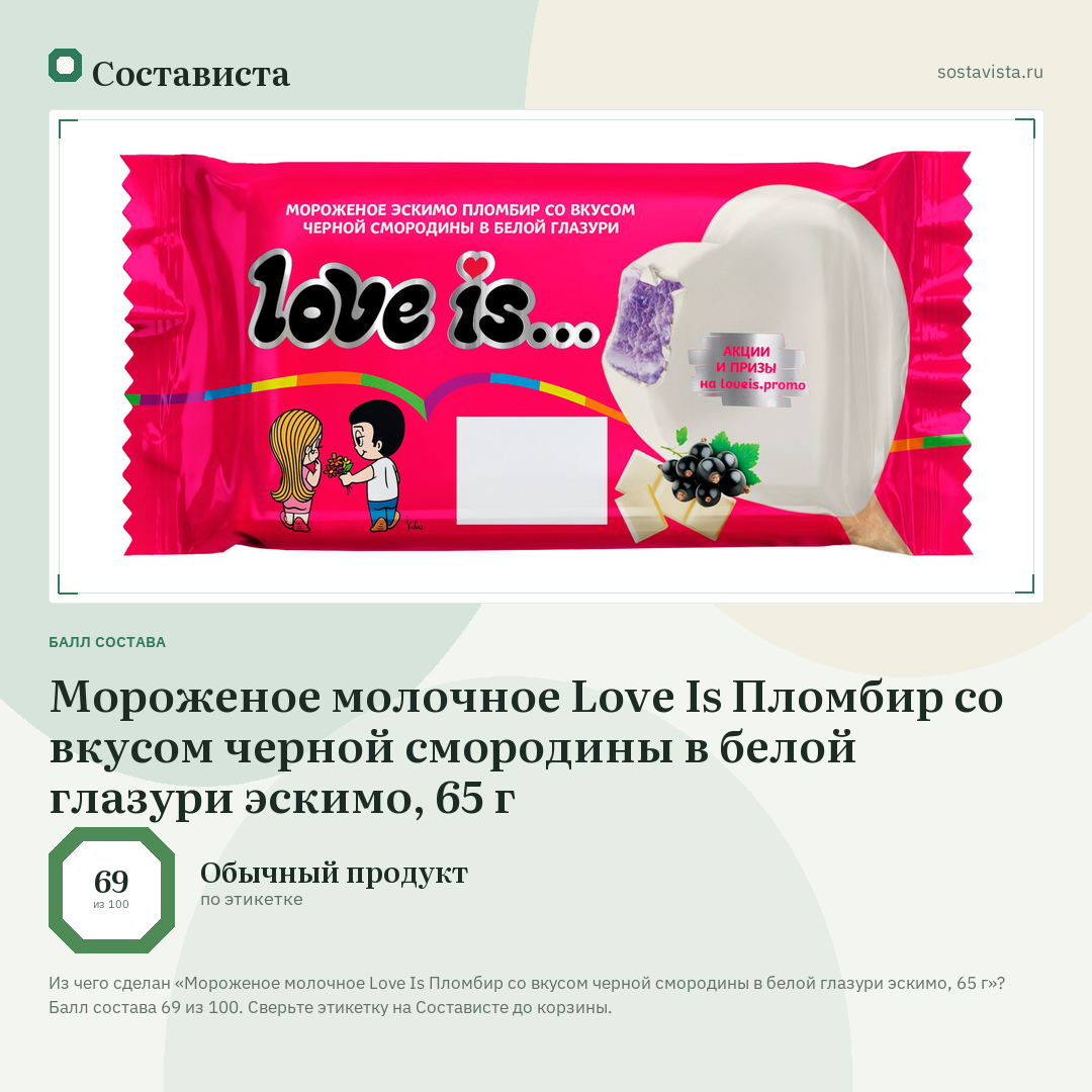 Мороженое молочное Love Is Пломбир со вкусом черной смородины в белой глазури эскимо, 65 г: балл состава 69 из 100 — Состависта