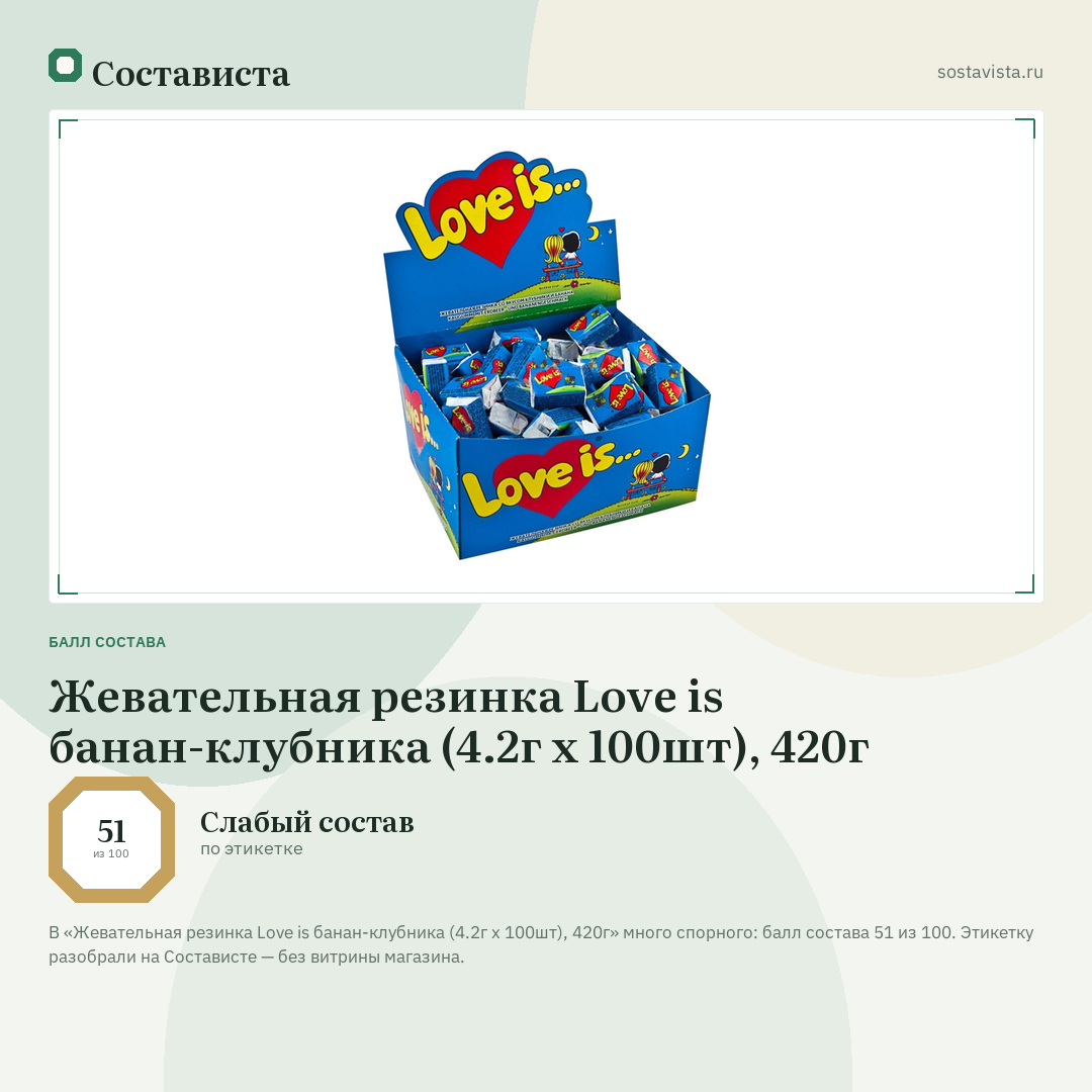 Жевательная резинка Love is банан-клубника (4.2г x 100шт), 420г: балл состава 51 из 100 — Состависта