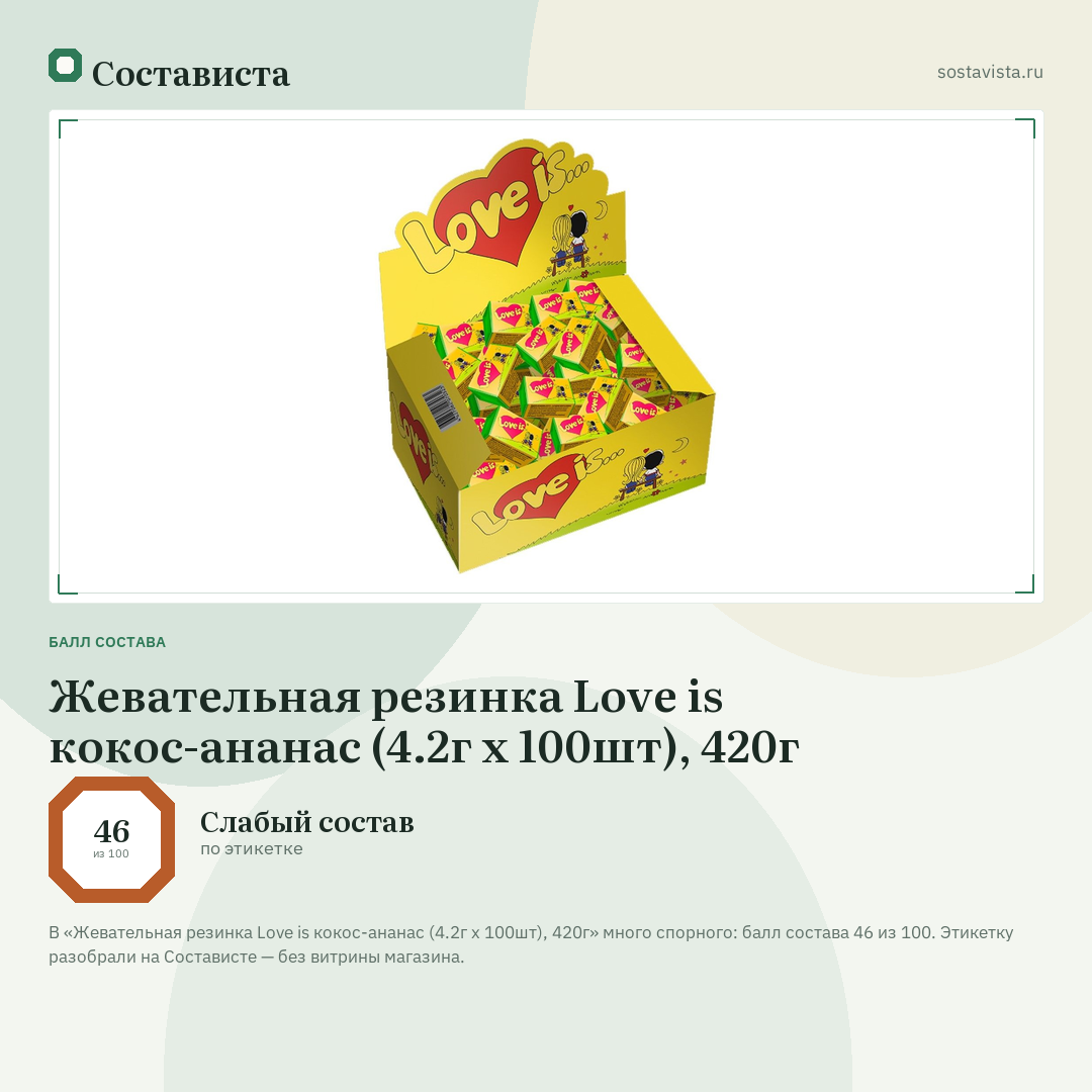 Жевательная резинка Love is кокос-ананас (4.2г x 100шт), 420г: балл состава 46 из 100 — Состависта