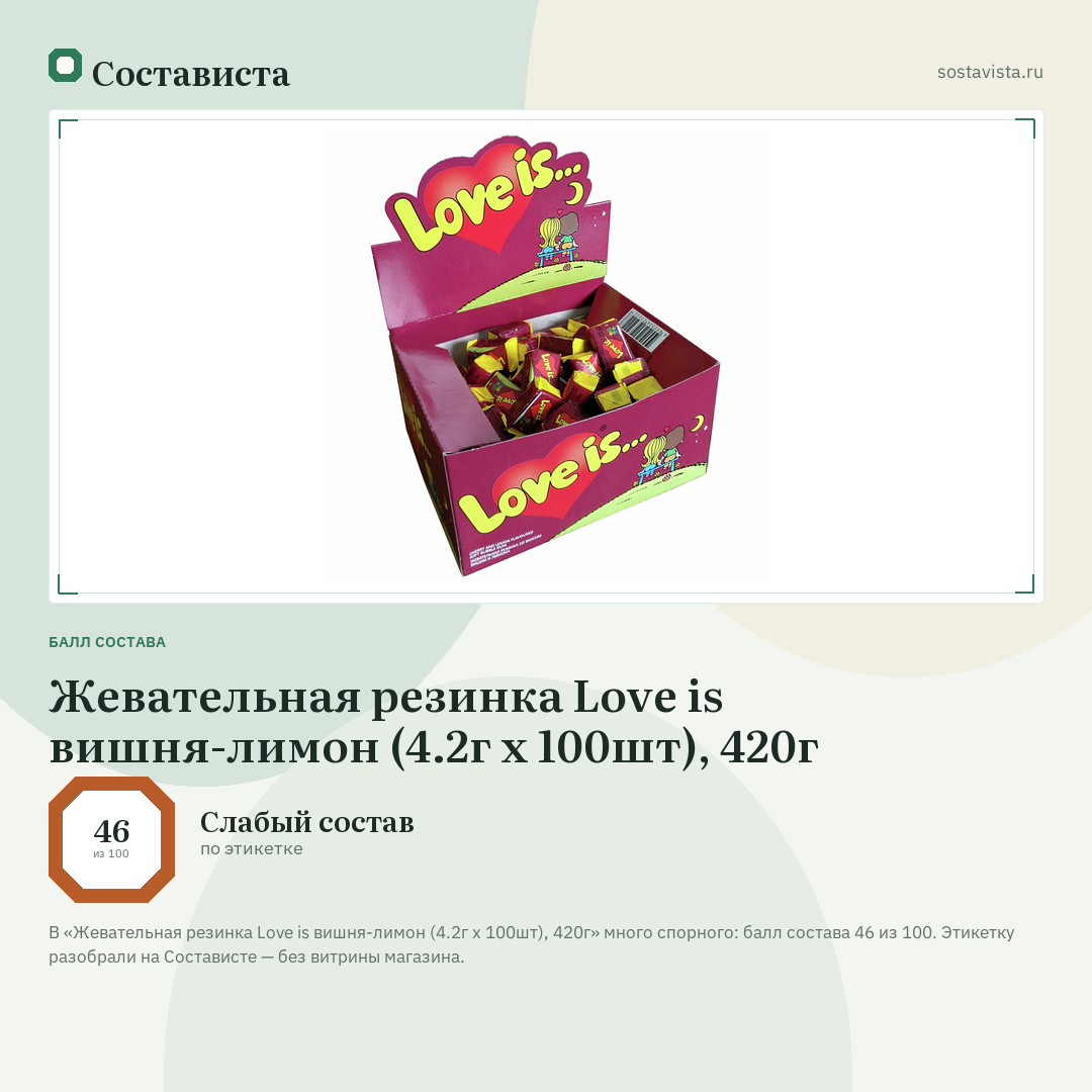 Жевательная резинка Love is вишня-лимон (4.2г x 100шт), 420г: балл состава 46 из 100 — Состависта