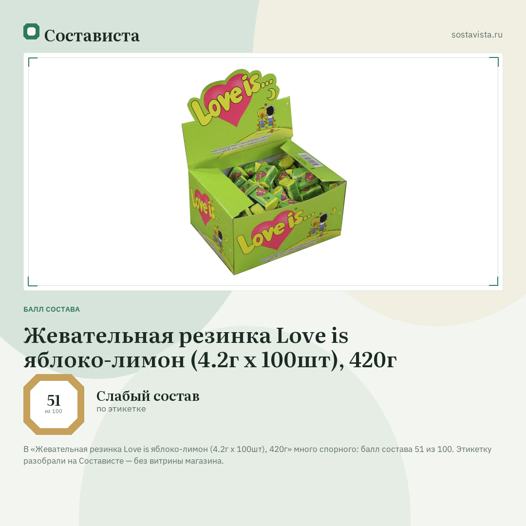 Жевательная резинка Love is яблоко-лимон (4.2г x 100шт), 420г: балл состава 51 из 100 — Состависта