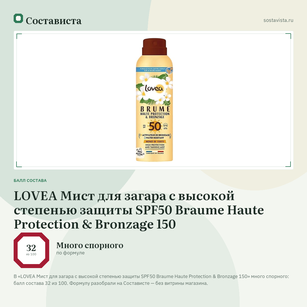 LOVEA Мист для загара с высокой степенью защиты SPF50 Braume Haute Protection & Bronzage 150: балл состава 32 из 100 — Состависта