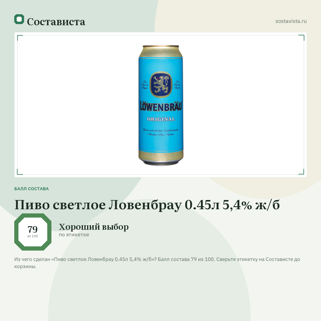 Пиво светлое Ловенбрау 0.45л 5,4% ж/б: балл состава 79 из 100 — Состависта