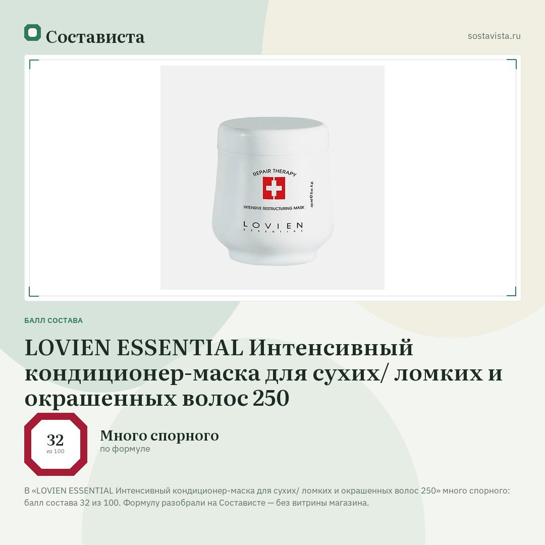 LOVIEN ESSENTIAL Интенсивный кондиционер-маска для сухих/ ломких и окрашенных волос 250: балл состава 32 из 100 — Состависта