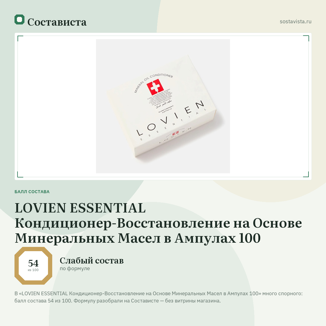 LOVIEN ESSENTIAL Кондиционер-Восстановление на Основе Минеральных Масел в Ампулах 100: балл состава 54 из 100 — Состависта