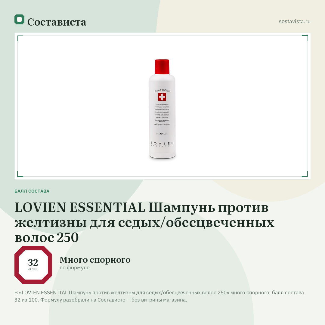 LOVIEN ESSENTIAL Шампунь против желтизны для седых/обесцвеченных волос 250: балл состава 32 из 100 — Состависта