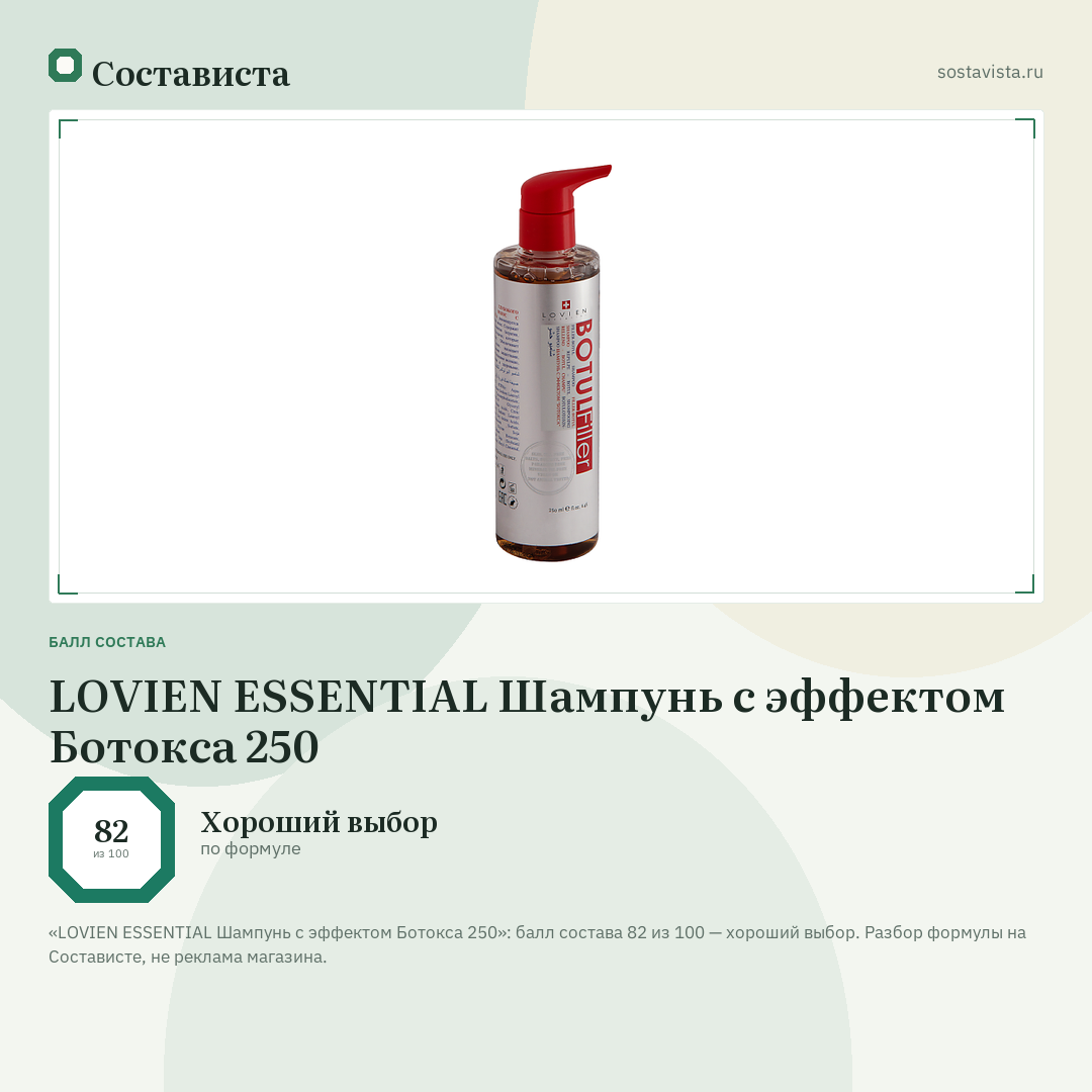 LOVIEN ESSENTIAL Шампунь с эффектом Ботокса 250: балл состава 82 из 100 — Состависта