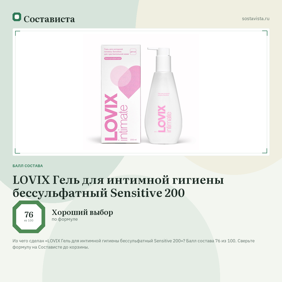 LOVIX Гель для интимной гигиены бессульфатный Sensitive 200: балл состава 76 из 100 — Состависта