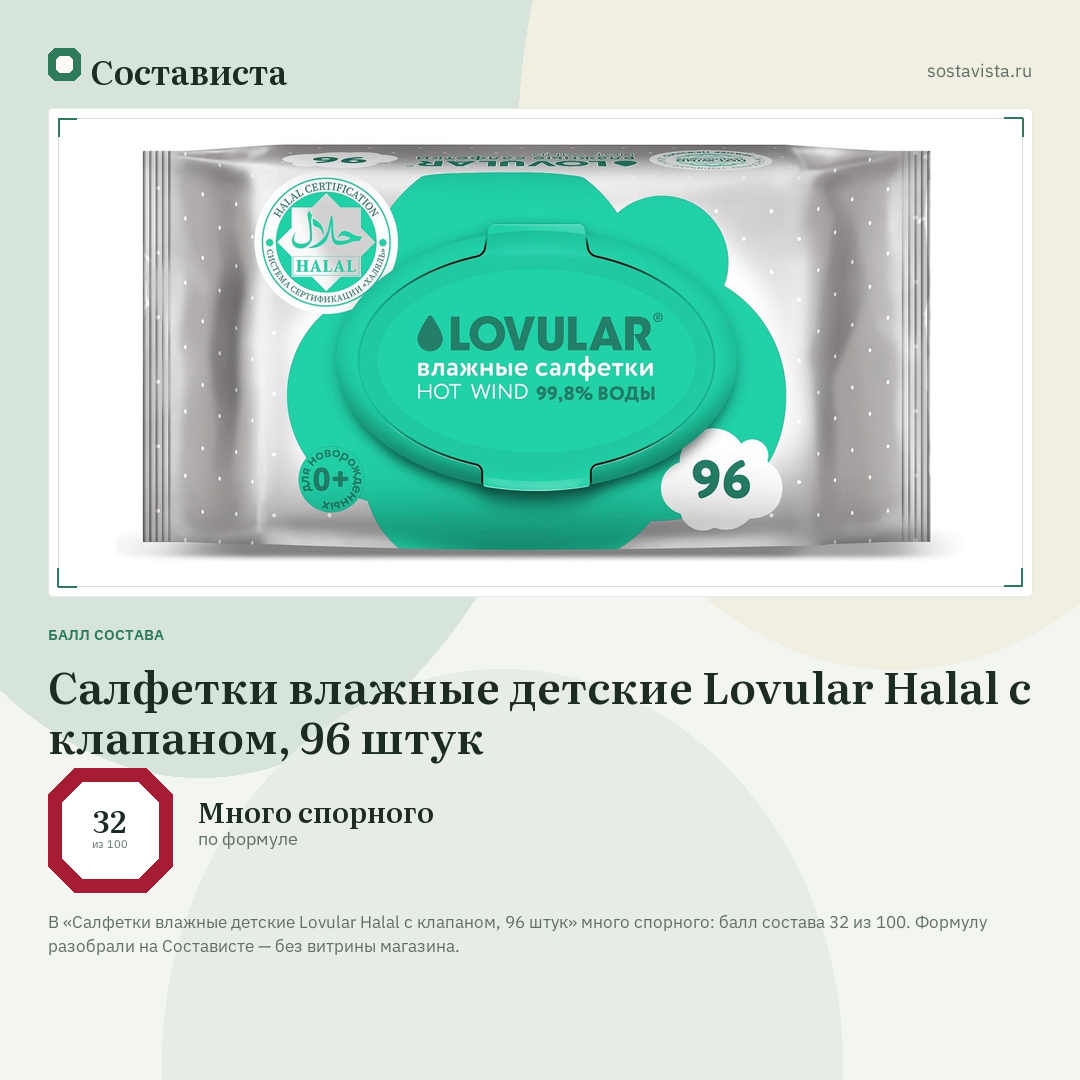 Салфетки влажные детские Lovular Halal с клапаном, 96 штук: балл состава 32 из 100 — Состависта