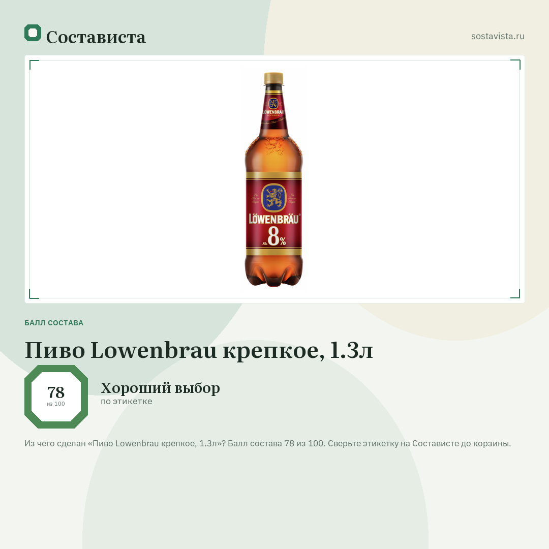 Пиво Lowenbrau крепкое, 1.3л: балл состава 78 из 100 — Состависта