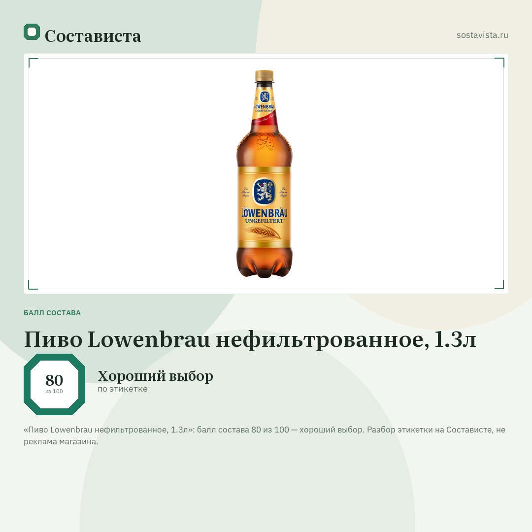 Пиво Lowenbrau нефильтрованное, 1.3л: балл состава 80 из 100 — Состависта