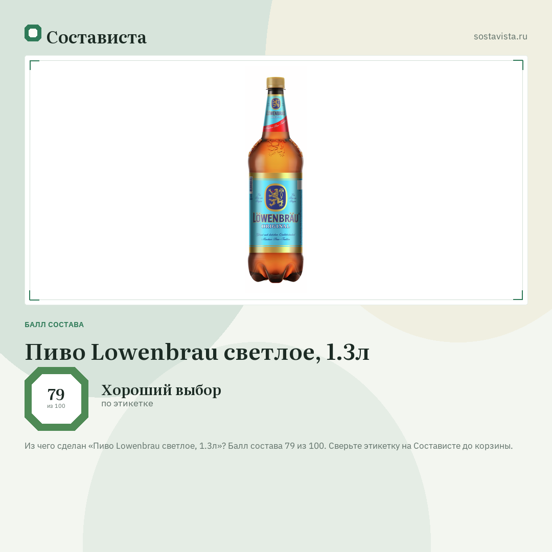 Пиво Lowenbrau светлое, 1.3л: балл состава 79 из 100 — Состависта