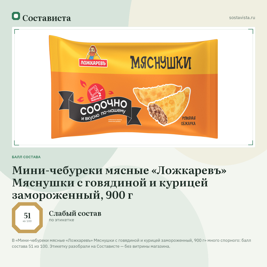 Мини-чебуреки мясные «Ложкаревъ» Мяснушки с говядиной и курицей замороженный, 900 г: балл состава 51 из 100 — Состависта