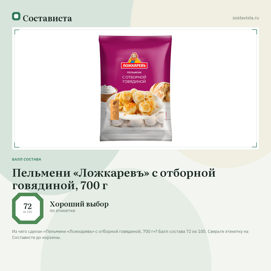 Пельмени «Ложкаревъ» с отборной говядиной, 700 г: балл состава 72 из 100 — Состависта
