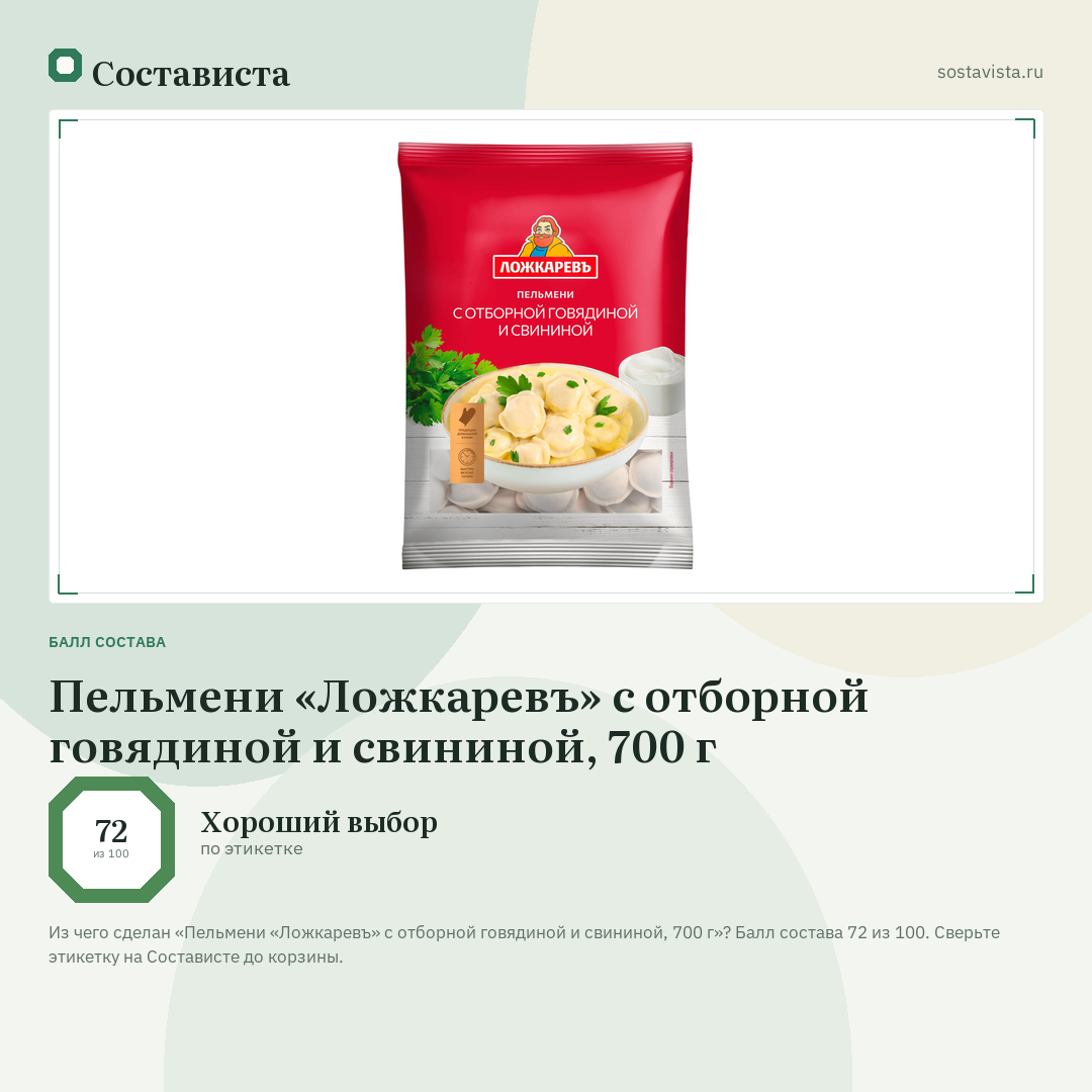 Пельмени «Ложкаревъ» с отборной говядиной и свининой, 700 г: балл состава 72 из 100 — Состависта