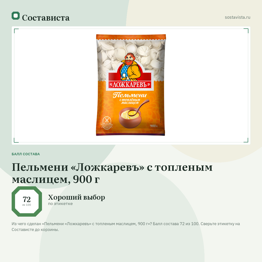 Пельмени «Ложкаревъ» с топленым маслицем, 900 г: балл состава 72 из 100 — Состависта