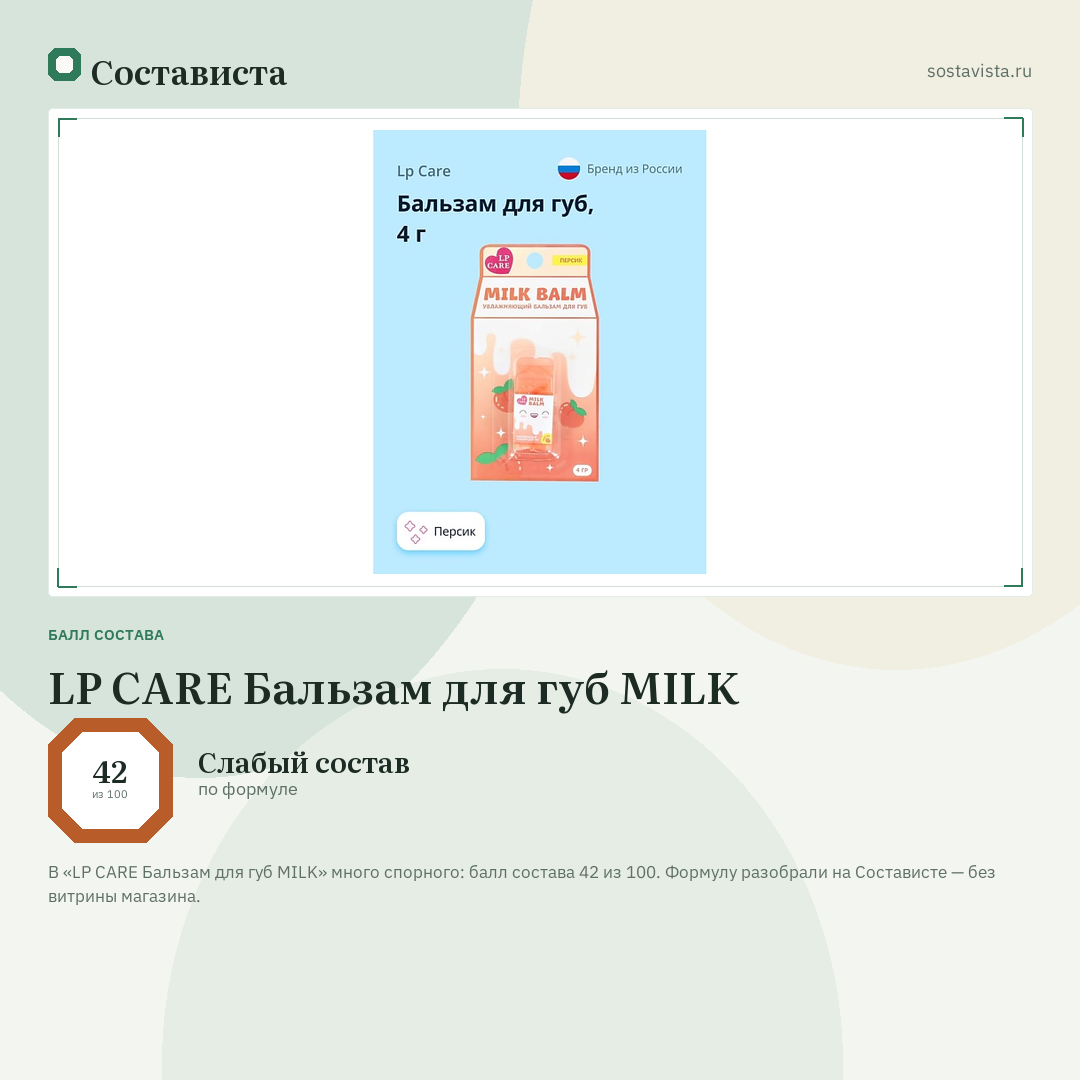 LP CARE Бальзам для губ MILK: балл состава 42 из 100 — Состависта