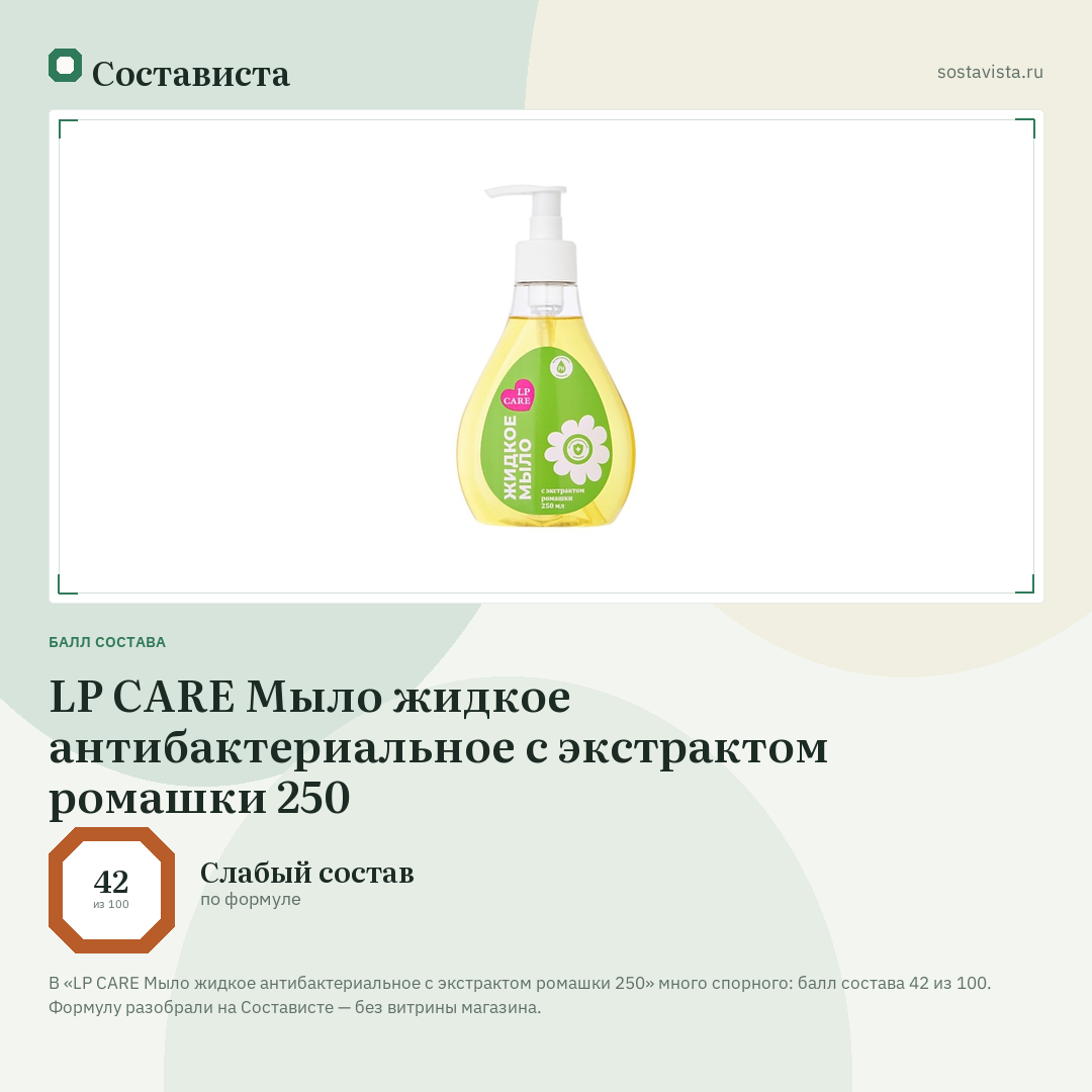 LP CARE Мыло жидкое антибактериальное с экстрактом ромашки 250: балл состава 42 из 100 — Состависта