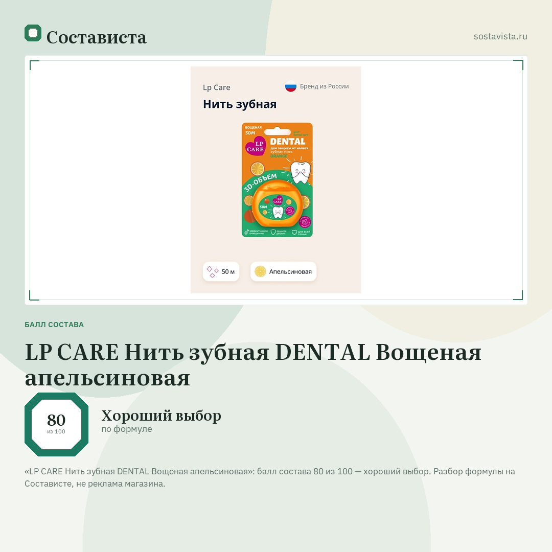 LP CARE Нить зубная DENTAL Вощеная апельсиновая: балл состава 80 из 100 — Состависта