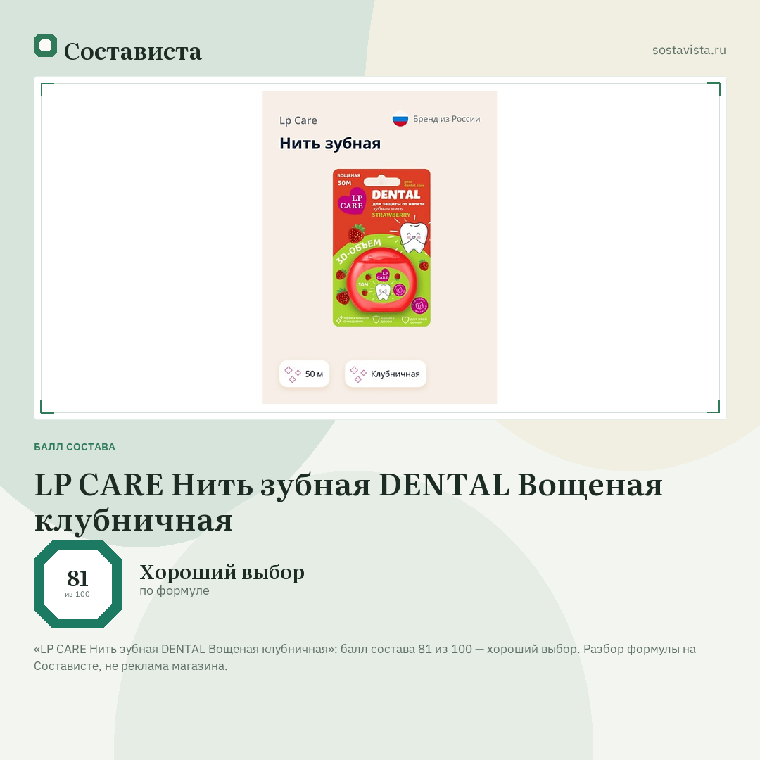 LP CARE Нить зубная DENTAL Вощеная клубничная: балл состава 81 из 100 — Состависта